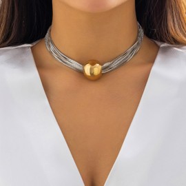 Chunky Silver Statement Necklace for Women Mixed Metal Layered Chain Jewelry Adjustable Bohemian Chunky Bead Choker