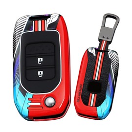 HIBEYO Flip Key Fob Cover Compatible with Honda GREIZ Civic City XRV Vezel Civic CR-V HR-V Accord Jade Crider Odyssey Accessories Metal Painted Sports Style Key Shell with Keychains-2 Button Red