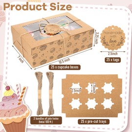 25 Pack 6 Count Cupcake Boxes with Insert Trays, Tags and Twine Bulk, Food Grade Kraft Bakery Muffin Boxes with Clear Window 10.5" x 7" x 3.25" Disposable Storage for Valentine Birthday Party