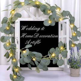 kalynmart Eucalyptus Leaves Greenery Garland with 20 Warm White Led Lights Artificial Leaves String for Home Party Wedding Decoration (Green 6.6 ft)