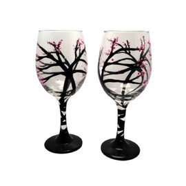2 Pink Cherry Blossom Tree Stemmed Wine Glasses
