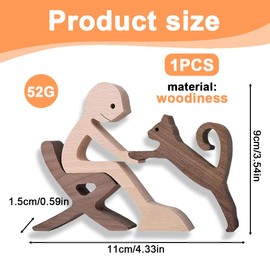 YAPKOLV Wooden Cat Figurines Hand Carved Wooden Cat Human Sculpture Statue Handmade Accent Craft Wooden Ornament Standing Table Decoration Ornament for Home Decoration