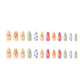 Short Almond Press on Nails Colorful Glue on Nails Summer Stick on Nails with Flower Stripe Star Cherry Design Cute Acrylic Nails Glossy Artificial Nails Full Cover False Nails for Women Girls 24Pcs