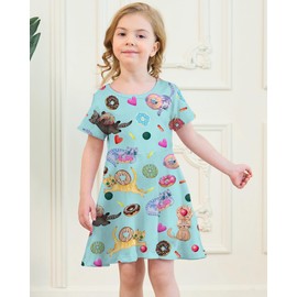 Girl's Dresses Cute Cat Donuts Funny Kitten Print Short Sleeve Casual Sundress for Girls Size 5-6