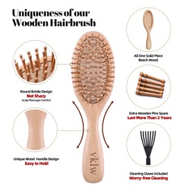 vklw Wooden Hair Brush and Comb, One-piece Design, Reduce Frizz and Static, Massage Scalp, Detangling Paddle Hairbrush for Women, Girls, Kids, Includes Cleaning Claw, 5 Wood Bristles
