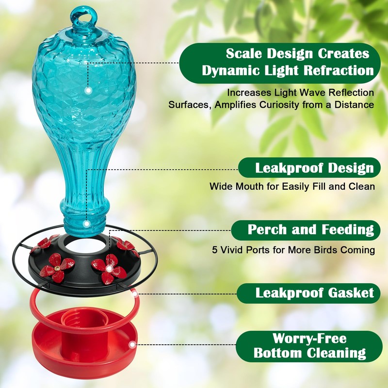 Jarkyfine Blown Glass Hummingbird Feeder, Blue, 20 oz