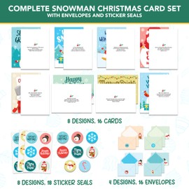 Decorably 16 Pack Snowman Christmas Cards with Envelopes & Stickers - 8 Designs with Printed Message Snowman Holiday Cards, 5x7in Snowman Christmas Card, Boxed Christmas Cards with Envelopes