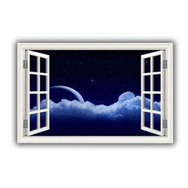 MySticky 3D Moon Behind Cloudtops Fake Window Wall Sticker, Removable Vinyl Decal Frame, Peel and Stick, Art Decor for Bedroom, Living-Room, Kids or Any Room, Large