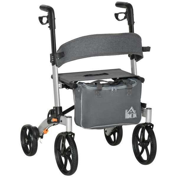 HOMCOM Aluminum Rollator Walker for Seniors and Adults with 10'' Wheels, Seat and Backrest, Folding Rolling Walker with Adjustable Handle Height and Storage Bag, Support up to 300lbs, Gray