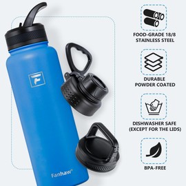 Fanhaw 40 oz Stainless Steel Insulated Water Bottle With 3 Lids (Straw, Spout and Carabiner Lid) - Double Walled Travel Thermal Canteen Mug (Sky Blue)