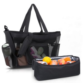 Abbylike Beach Bag with Cooler Mesh Beach Bags for Women with Zipper and Pockets for Pool Swim Travel Essentials(Black)