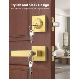 Tinewa Brushed Gold Keyed Alike Front/Exterior Door Lever with Single Cylinder Deadbolt, Satin Brass Entry Door Knob Lock Set Combo Sets, for Entrance/Front and Office Doors,1 Pack