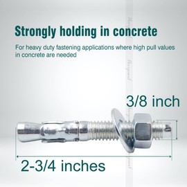 Horiznext 3/8 x 2-3/4 inch Carbon Steel Wedge Anchor kit for Concrete Cement Wall Floor Ground Deck Fence Base Bracket, Drill Stud Post Strong Screw Bolt Set.(30 pcs)