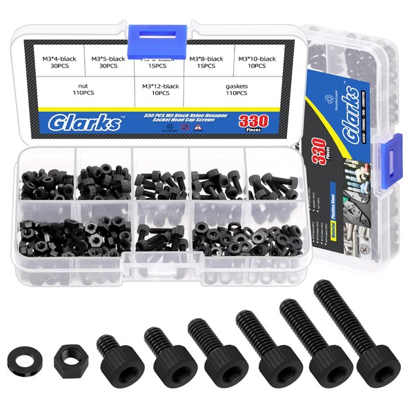 Glarks 330pcs M3 Black Nylon Hexagon Socket Screw, 4/5/6/8/10/12 mm