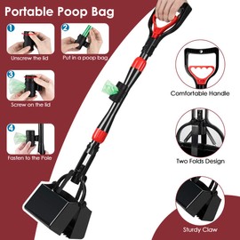 Eyein Dog Pooper Scooper, 80cm Long Handle Foldable Poop Scooper with Bag Dispenser, Flat Bottom Portable Duty Poo Waste Pick Up Rake with High Durable Spring for Pet Cat Outdoor Yard Grass Gravel