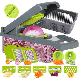 Ourokhome Vegetable Chopper Onion Cutter, 14 in 1 Professional Mandolin Slicer for Kitchen, Multifunctional Food Chopper for Potato, Tomato, Veggie with Strainer Basket, 10 Blades, Gray