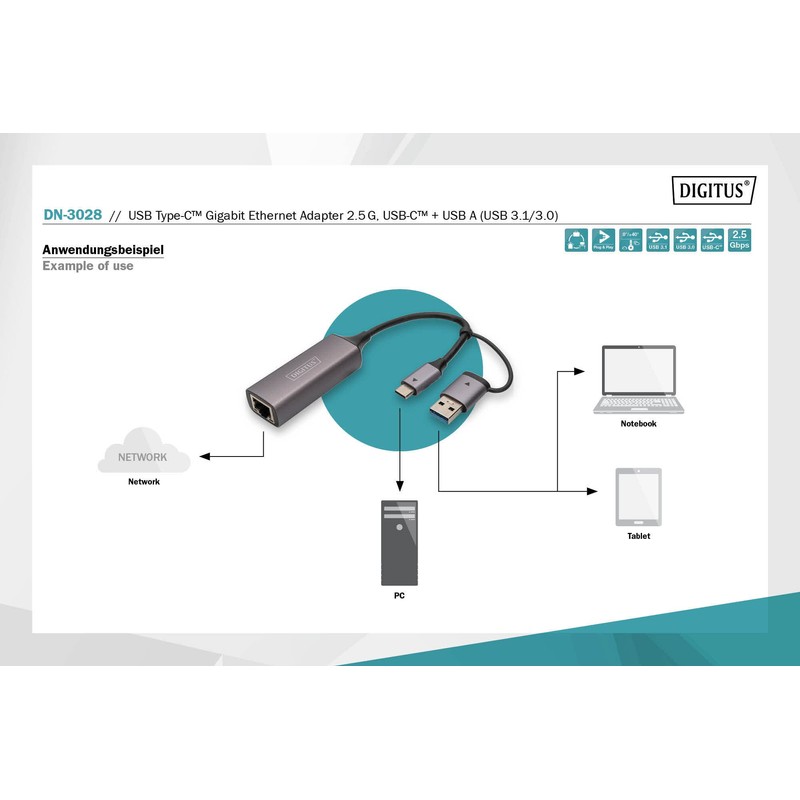 DIGITUS DN-3028 USB Type-C™ Gigabit Ethernet Adapter 2.5G, USB-C™ +