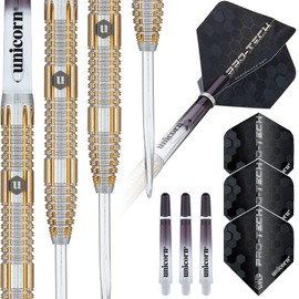 Unicorn Steel Tip Professional Darts Set | Pro-Tech Style 4 | 90% Natural Tungsten Barrels with Golden Accents & Volute Points | 20 g