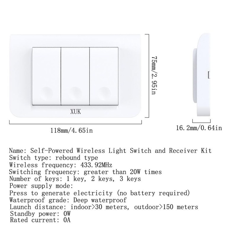 Self-Powered Wireless Light Switch and Receiver Kit, No Battery Required,