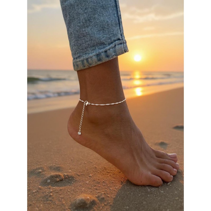 Moodear Ankle Bracelets for Women 14K Silver Plated Anklet Twist