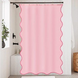 ORTIGIA Pink Scalloped Small Stall Shower Curtain, Cute Pink Ruffle Shower Curtains Boho Pretty Aesthetic Preppy Waterproof Fabric Girls Bath Bathroom Decor with Metal Hook 36 W x 72 H Inch
