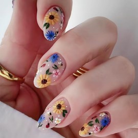 Flower Press on Nails Short Almond Floral Fake Nails with Designs Colorful Summer Spring False Nails Glossy Acrylic Nails Almond Shaped Glue on Nails Sunflower Daisy Stick on Nails for Women 24Pcs