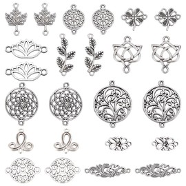 SUNNYCLUE 1 Box 72 Pieces 12 Styles Flower Connector Charms Flat Round Connectors Autumn Tibetan Style Charms Leaf Connector for Jewellery Making Charms DIY Earring Necklace Bracelet Bas