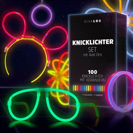 Vivaloo Knicklichter Party Set 200 Stück + Zubehör - Leuchtstäbe mit Verbinder für Leuchtarmbänder, Party Brillen, Bälle - Knicklichter Hochzeit - Party Lichter Neon - Deko Party - Glowsticks