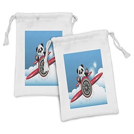Lunarable Airplane Fabric Pouch Set of 2, Cheerful Panda on a Plane Sunny Airshow Mechanical Curiosity Animal Print, Small Drawstring Bag for Toiletries Masks and Favors, 9" x 6", Sky Blue Red White