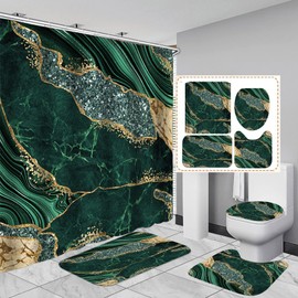 EMHOME 4PCS Marble Shower Curtain Sets, Modern Bathroom Sets With Toilet Lid Rug, Contour and Bath Mat, Luxury Bathroom Decor with 12 Hooks, 72 x 72 Inch, Green