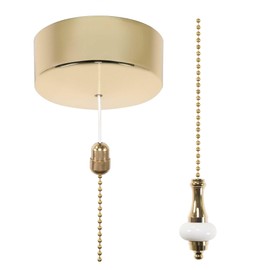 ElekTek Premium Brass Bathroom Light Pull Cord Switch Kit - White Disc Brass Chain