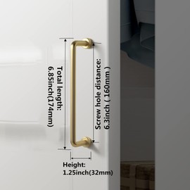 SYZOW Pack of 6 Furniture Handles, Brushed Brass, 160 mm Hole Spacing, Drawer Handles for Kitchen Cabinets, Brushed Brass Cabinet Handles, Drawer Handles, Door Handles for Kitchen Cabinets