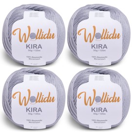 Wollidu Kira 100% Cotton for Knitting and Crocheting 4 x 50 g Set Crochet Yarn Knitting Yarn Light Grey
