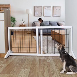 ZJSF Free Standing Indoor Dog Gate for The House Expandable Freestanding Dog Gates Indoor Wood White Expandable Pet Gate Adjustable Extra Wide Puppy Gates 24 inches Tall Width from 30 to 53 inches