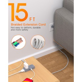 Extension Cord 15 ft, BESHON Flat Plug Power Strip, Long Power Strip, 4 Widely Outlets with 3 USB Ports (2 USB C), Extension Cord with Multiple Outlets for Home, Office, Dorm Room Essentials Gray