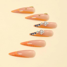 BABALAL Stiletto Press on Nails Long Square Fake Nails Orange French Glue on Nails Y2k Acrylic Nails with Star Cross Charm Goth False Nails Supplies 24pcs Artificial Squoval Nail Art Diy Gel Nail