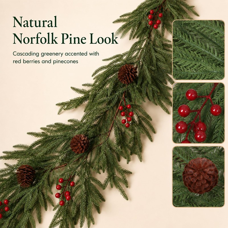 6FT Artificial Christmas Garland, Norfolk Pine with Berries and Pinecones