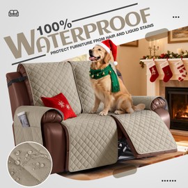 KinCam Waterproof Loveseat Recliner Cover, Non-Slip Reclining Couch Covers for 2 Seat, Recliner Sofa Cover Furniture Protector with Elastic Straps for Kids, Pets, Khaki