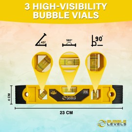 Bubble Levels | Shockproof Small Spirit Level | Level Tool | Magnet Torpedo Level | 3 Bubble Vials 45°/90°/180° | 9"/23cm/230mm Spirit Level