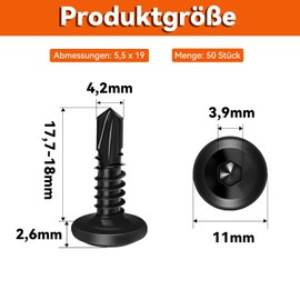 Dayalo Pack of 50 Self Tapping Screws 5.5 x 19 mm Stainless Steel Self Tapping Screws Self Drilling Screws Flat Head Hex Socket Screws Black with Bit