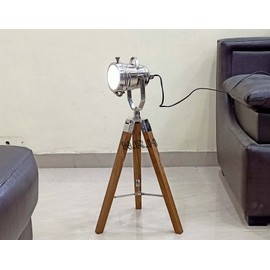 Chrome Searchlight Nautical Designer Spot Light Table Lamp W/Natural Tripod Base Home & Office Decor