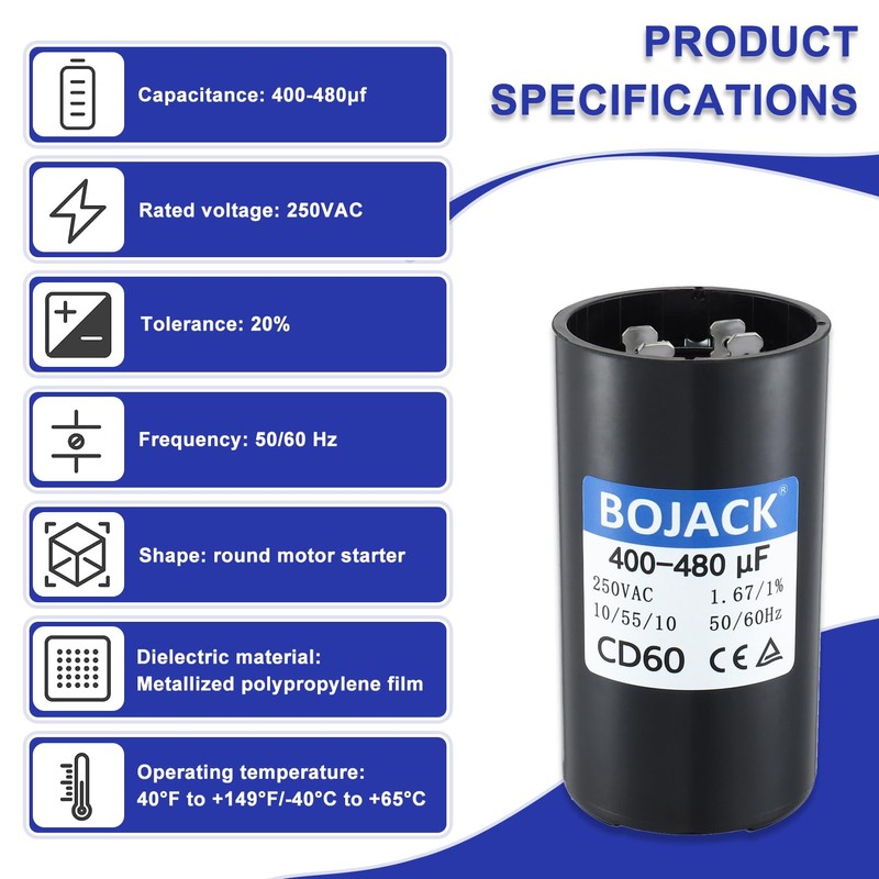 BOJACK 400-480 uf/MFD 250 VAC CD60 50/60 Hz Universal Round