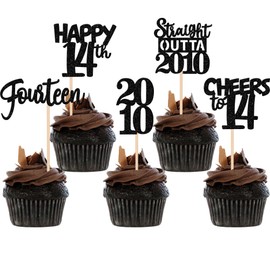 30PCS Black 14th Birthday Cupcake Toppers Glitter Fourteen 14th Straight Outta 2010 Cupcake Picks for Cheers to 14 Years 14th Birthday Wedding Anniversary Party Decoration Supplies