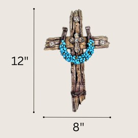 Rustic Drifted Wood Look Wall Cross with Turquoise Decor Horseshoe Spiritual Wall Art