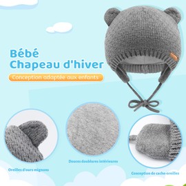 SEYUFN Babymütze, für Jungen und Mädchen, gestrickte Hündchen für Babys und Kleinkinder, mit Fleece-Futter, 0-36 Monate(Grau-1, 0-6 Monate)