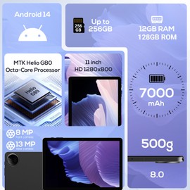 DigiLand Android Tablets, 11" Android 14 Tablet with Octa-Core CPU, RAM 12GB + ROM 128GB (Up to 256GB), 7500mAh Battery, 8MP + 13MP Dual Camera, WiFi & Bluetooth 5.0 - Gray