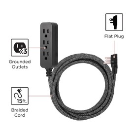 Cordinate 3-Outlet Power Strip Extension Cord with Multiple Outlets 15 Ft Braided Long Cord, Grounded Flat Plug, ETL Listed Gray 50012