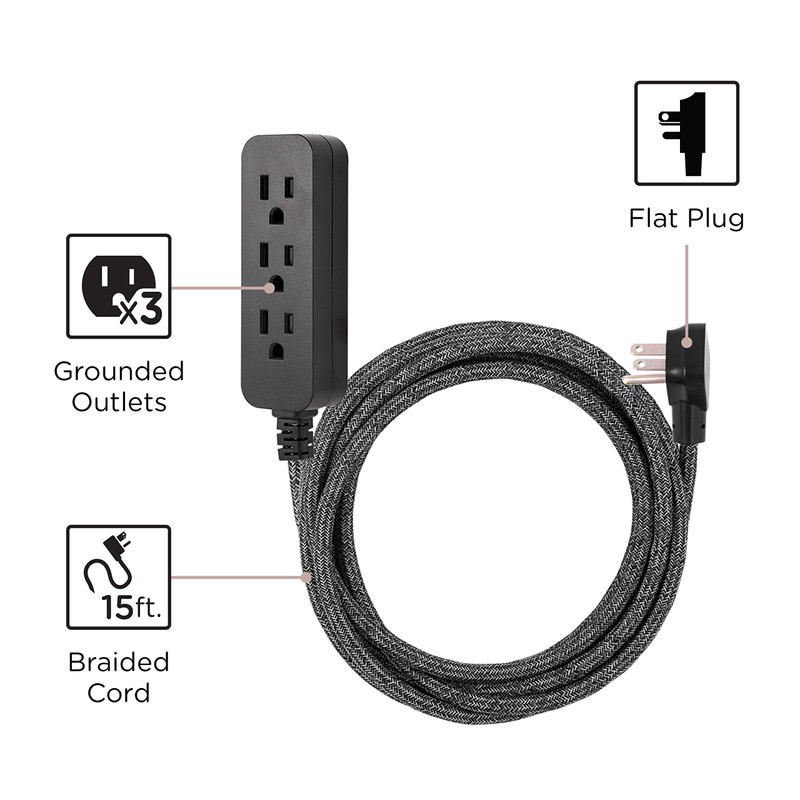 Cordinate 3-Outlet Power Strip Extension Cord with Multiple Outlets 15