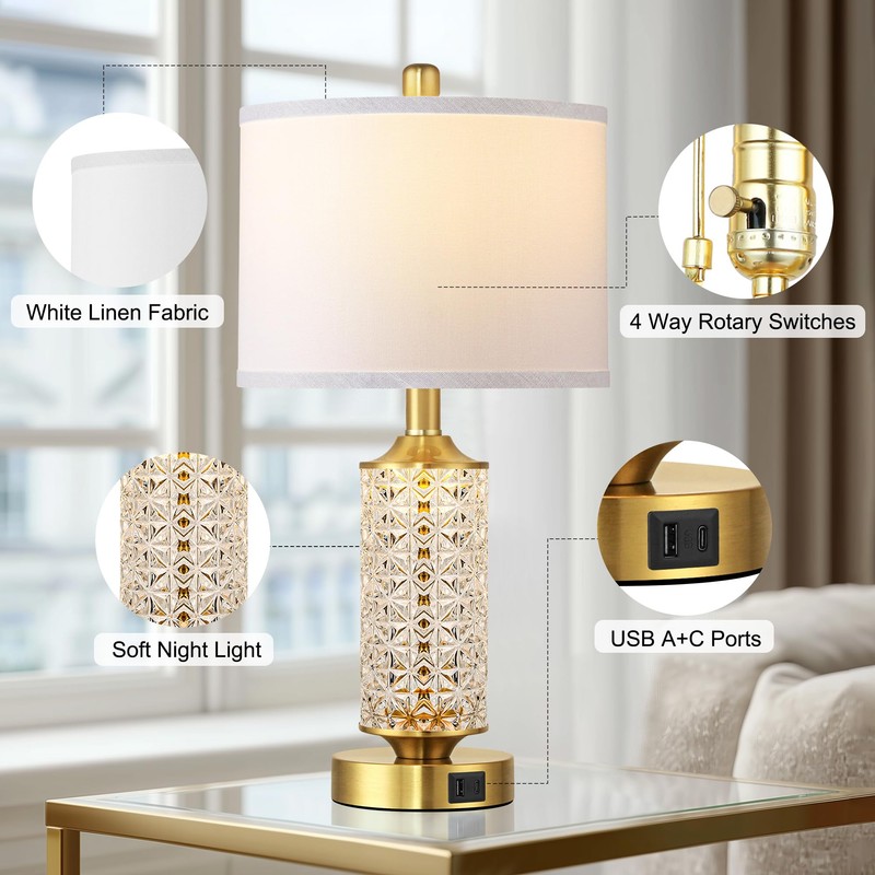 QiMH Set of 2 Table Lamps with USB A+C Ports,