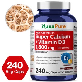 NusaPure Super Calcium 1300mg with Vitamin D3 and Bioperine 240 Veggie Caps
